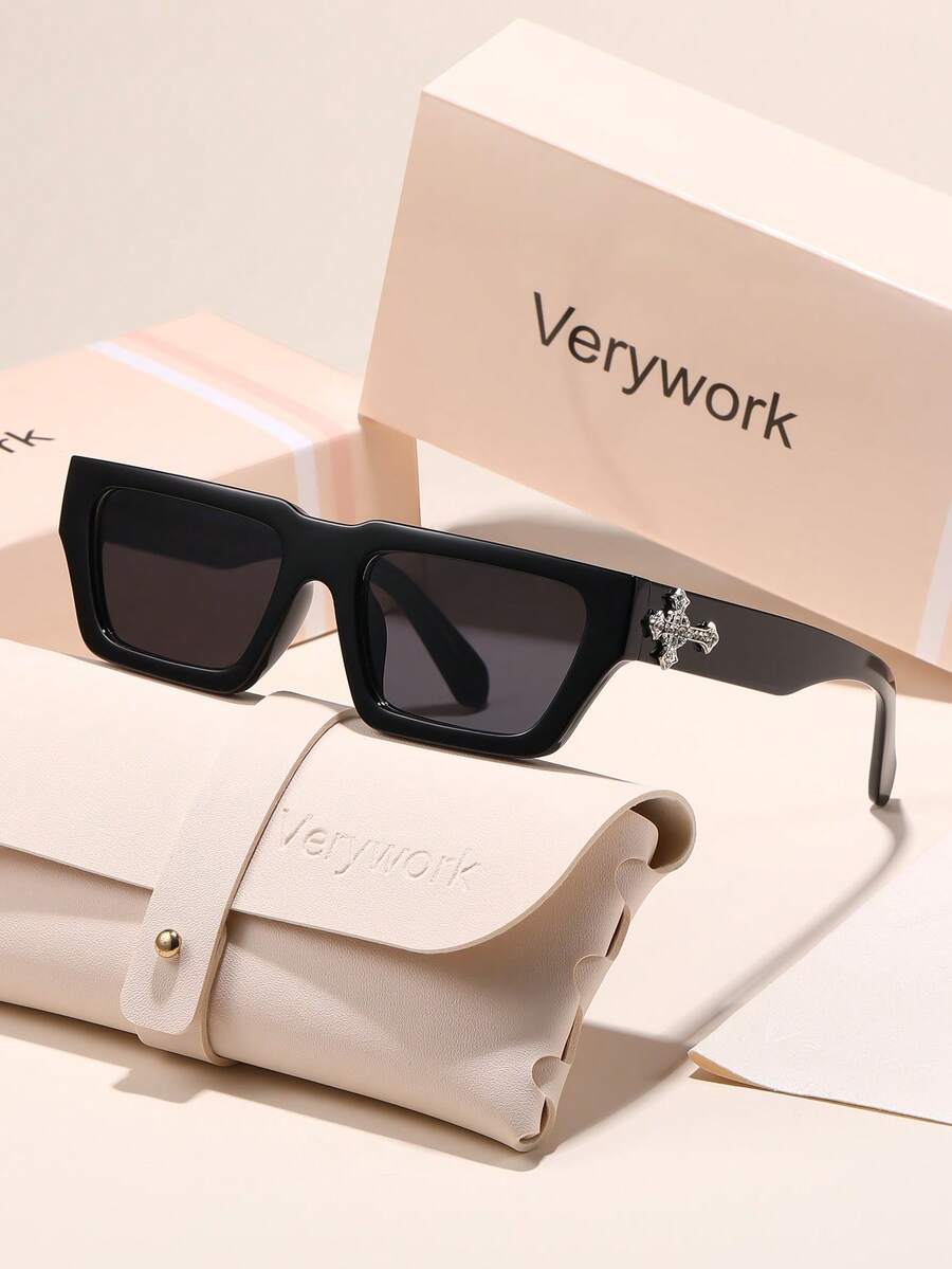 Verywork 1 Pair Casual Rectangular Wide Frame Rhinestone Heart-Shaped Plastic Full Frame Women's Sunglasses, UV Protection, Popular Design, Fashion Basic Style, Suitable For Daily Life, Summer, Street Photography, Beach Party, Outdoor Leisure Activities, Date Outfit And More, Fashion Accessory, Suitable For All Face Shapes - Multicolor - View 1