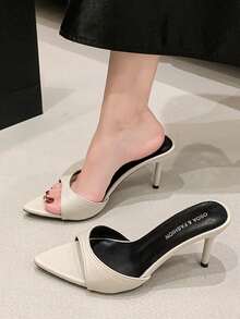 Sandali Mule con tacco a spillo beige, punta affusolata, cinturino singolo, stile europeo sexy, scarpe da donna con tacco alto - Beige - Visualizzare 6
