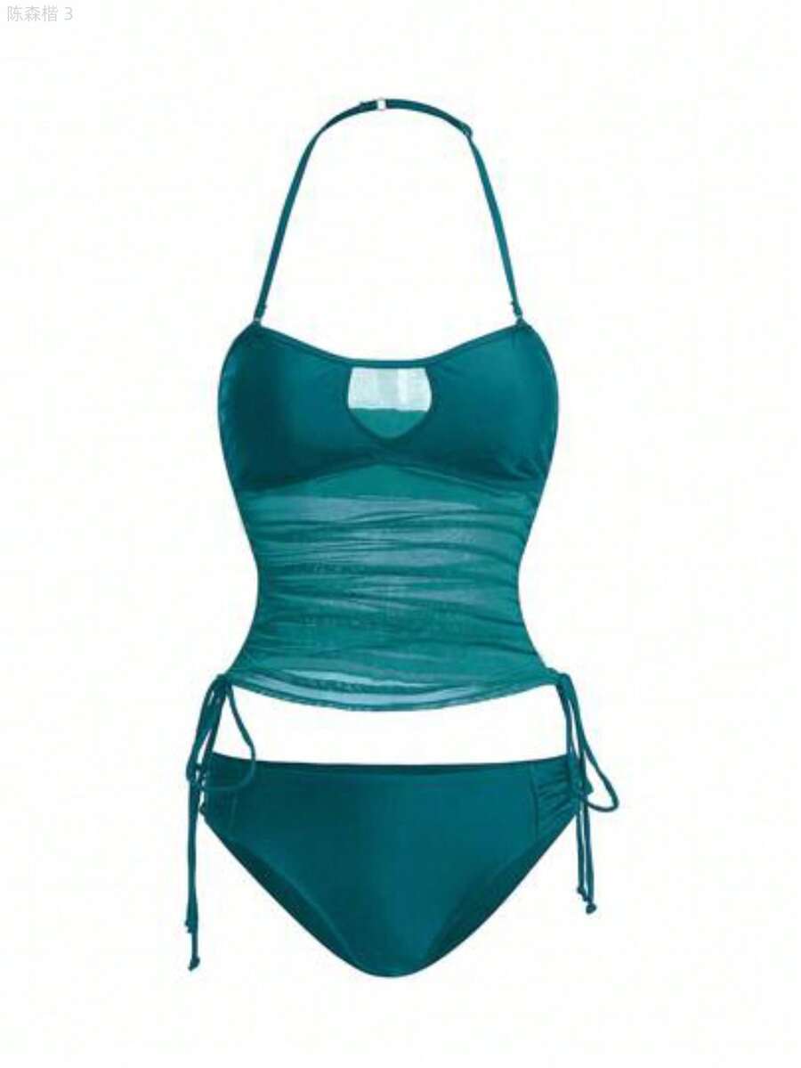 yonghongmaoyi1 Swim Vcay Conjunto de tankini para mujer con sujetador extraíble, lazada lateral y cordón - Agua verde azul - Ver 1