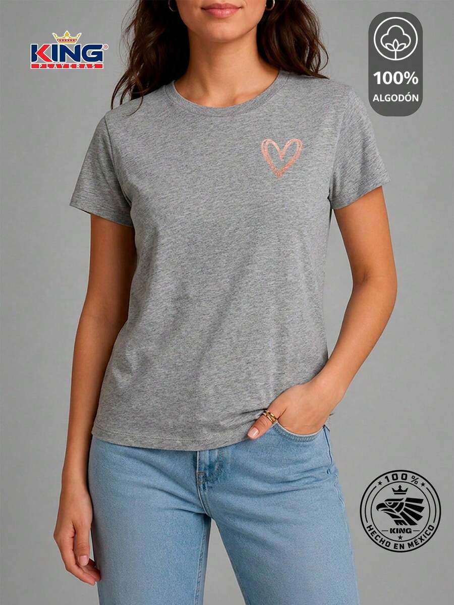 SHENDY VENDY Women's T-Shirt 100% Cotton, Short Sleeve, Round Neck, Soft And Comfortable T-Shirt, Minimalist Heart Print - 淺灰色 - 查看 1
