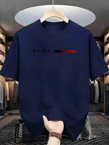 Men's Parisian Pattern T-Shirt - White Short-Sleeved Crew Neck Casual Shirt With Red Accents And Logo, Soft Polyester Fabric, Machine Washable. - 白色 - 查看 8