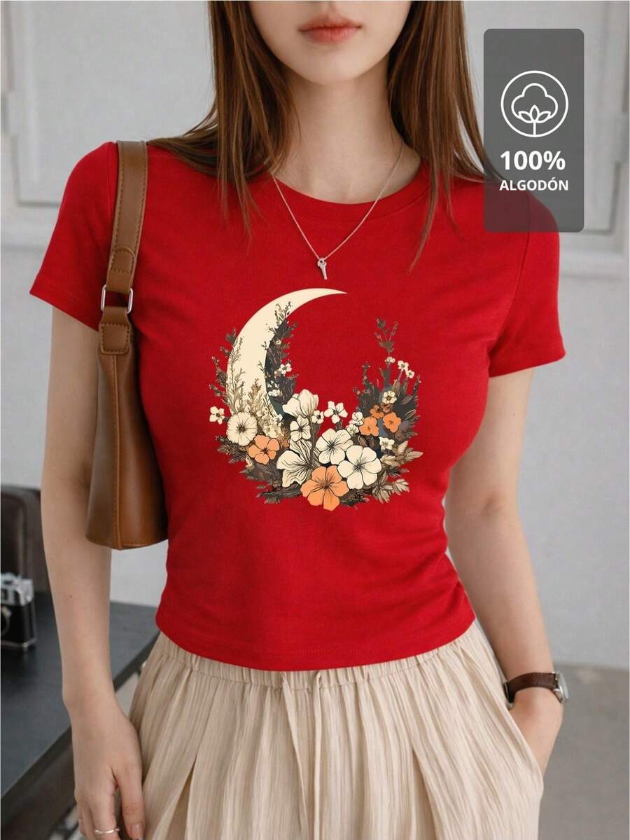 SHENDY VENDY Women's T-Shirt, 100% Cotton, Short Sleeves, Round Neck, Soft And Comfortable. Botanical Design With A Floral Crescent Moon, Natural And Elegant Style. - 紅色 - 查看 1