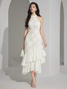 Vestido midi elegante de mujer con cuello halter, bajo con volantes y patchwork de jacquard - Albaricoque - Ver 8