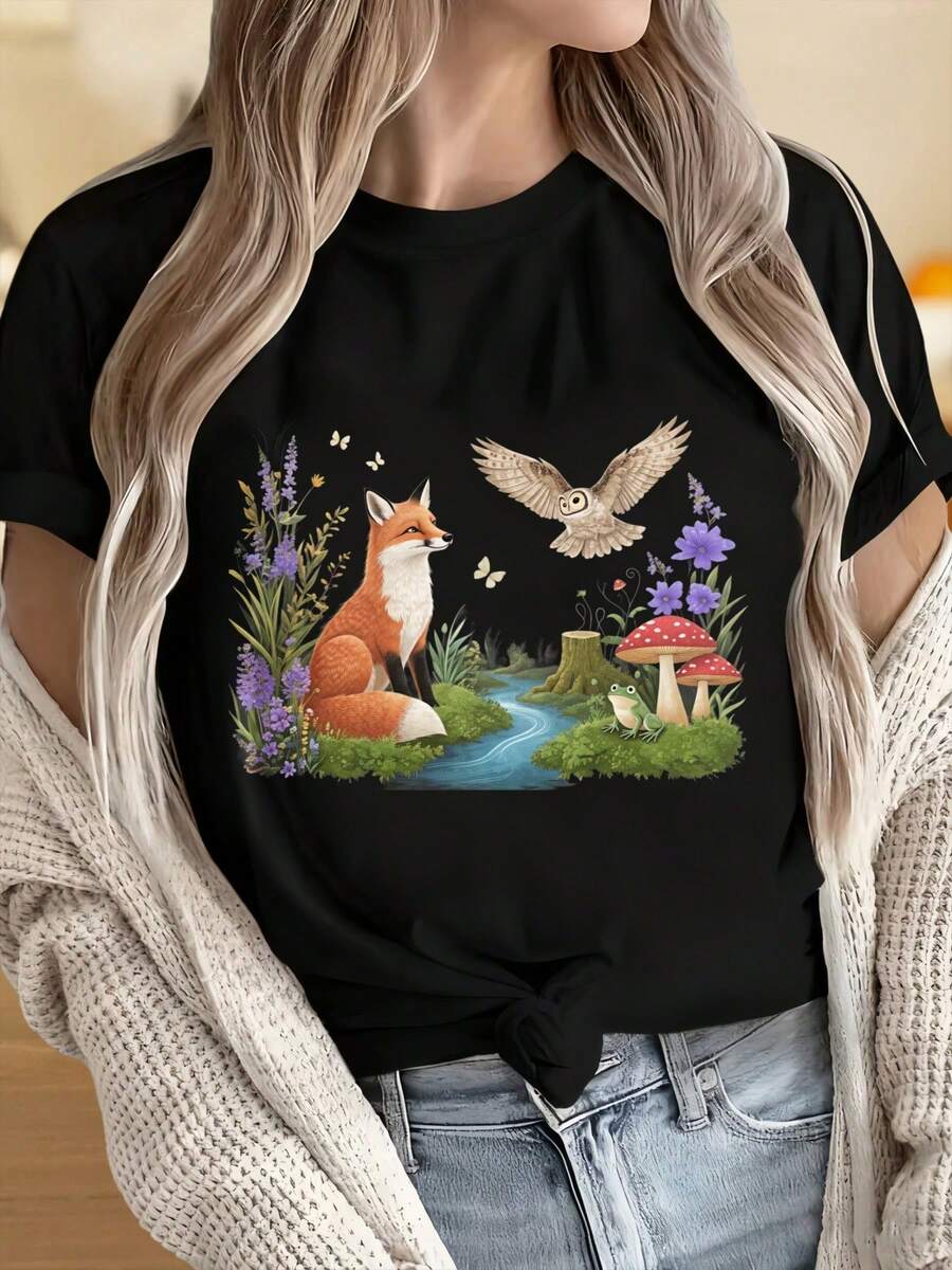 Women's And Men's 100% Cotton Printed Casual T-Shirt With Round Neck And Short Sleeves. Features An Artistic Print Of A Forest Fox, Owl, Mushroom, Garden, Wildlife, And Nature. - 黑色 - 查看 1