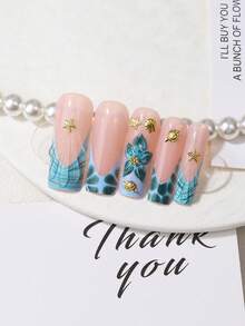 24pcs Medium-Long Trapezoid Reusable Fake Nails, Summer Beach Gradient Pink & Blue French Manicure, 3D Flower, Starfish, Shell, Rhinestone Decor, Suitable For Vacation, Party And Daily Commute - Cadet Blue - View 9