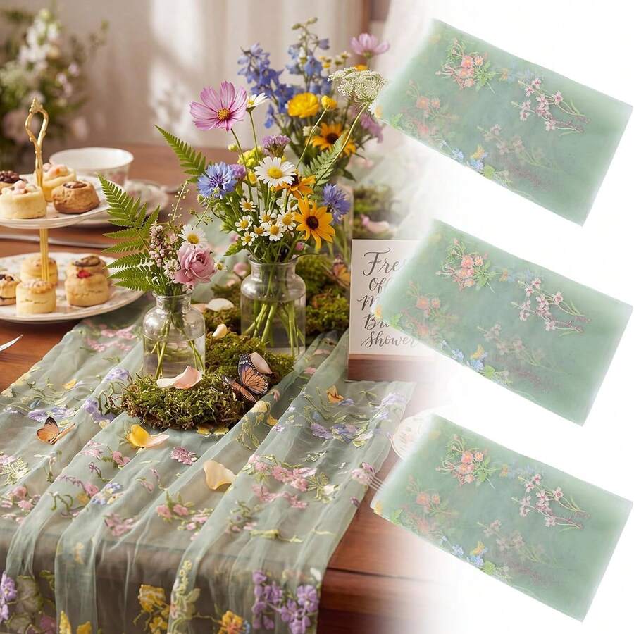 Juego de 3 piezas de camino de mesa transparente con bordado floral (29.5 X 71 pulgadas, verde salvia/champán/blanco), mantel de estilo granja con flores, adecuado para uso diario, vacaciones, bodas, hoteles, fiestas de cumpleaños, decoración del hogar, camping y picnic, todas las estaciones