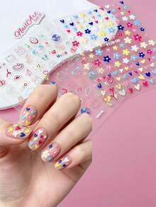 2pcs 3D/5D Embossed Relief Nail Stickers, Nails, DIY Decoration, Using Macaron Multi-Color Ditsy Floral Patterns, Colorful Hearts, Hand Drawn Cartoons, Cars, Planet Patterns, Suitable For Creating Spring And Summer Y2K, Cute Graffiti Style Nail Art - Multicolor - View 3