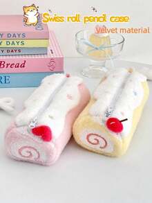 1pc Swiss Roll Shaped Pencil Case, Cute Stationery Bag, High-Quality Plush Exterior, Large Capacity Student Pencil Box, Cosmetic Storage Pouch - Multicolor - View 1