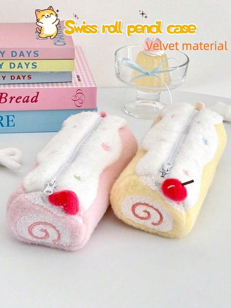 1pc Swiss Roll Shaped Pencil Case, Cute Stationery Bag, High-Quality Plush Exterior, Large Capacity Student Pencil Box, Cosmetic Storage Pouch - Multicolor - View 1