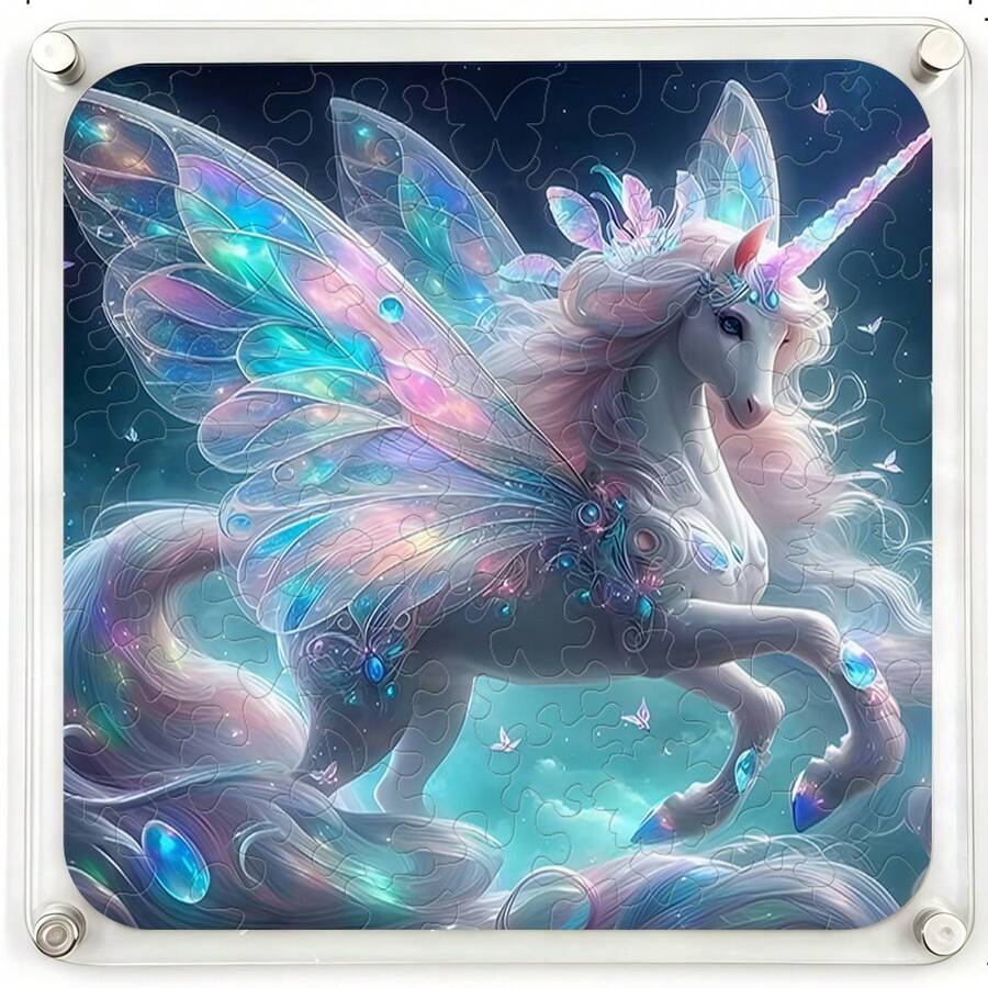 2D Square Acrylic 7.48 Inches Puzzle With Stand Photo Frame, Starry Sky Cloud Sea Transparent Colorful Wing Unicorn Crystal Gem Dreamy Puzzle - Multicolor - View 1