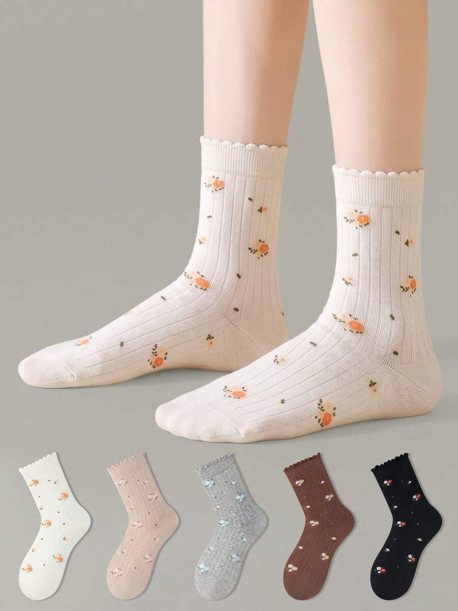 ZUJO 5 Pasang Kaos Kaki Wanita Setengah Betis, Motif Bunga, Cocok untuk Pemakaian Sehari-hari, Sederhana dan Nyaman, Bernapas, Warna Acak - MultiWarna - View 1