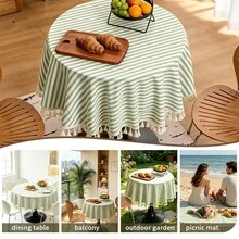 1pc Round Striped Tassel Tablecloth, Fresh Pastoral Style Table Decor, Green Striped Dust-Proof Tablecloth With Tassels, Home Tablecloth, Suitable For Picnic Or Holiday Party, Room Decoration, Kitchen Decoration, Home Decor. - Green - View 9
