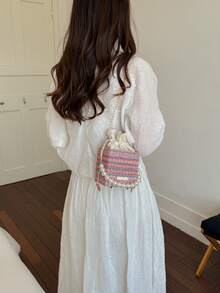Mini bolso de mano de moda con cordón ajustable, caja tejida con relieve, acrílico y perlas - Rosa - Ver 5