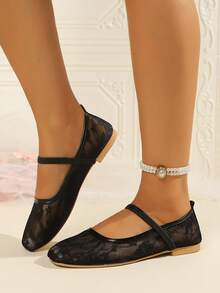 Women's Fashion Square Toe Spring/Summer Plus Size Lace T-Strap Slip-On Elegant Ballet Flat Shoes - Black - View 3