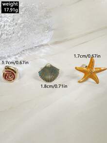 imoli 3pcs/Set Bohemian Beach Vacation Stackable Ocean Theme Enamel Orange Starfish + Pink Spiral Conch + Turquoise Scallop Shell Personalized Ring Set, Knuckle Rings, Suitable For Summer Seaside Party Daily Wear Jewelry Gift - 32817-ring-yb - View 4