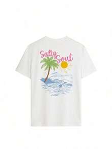 Camiseta de manga corta con cuello redondo y estampado de cocotero, nueva colección primavera/verano de SALTY SOUL, moda esencial el día a día y las vacaciones, color blanco. - Blanco - Ver 2