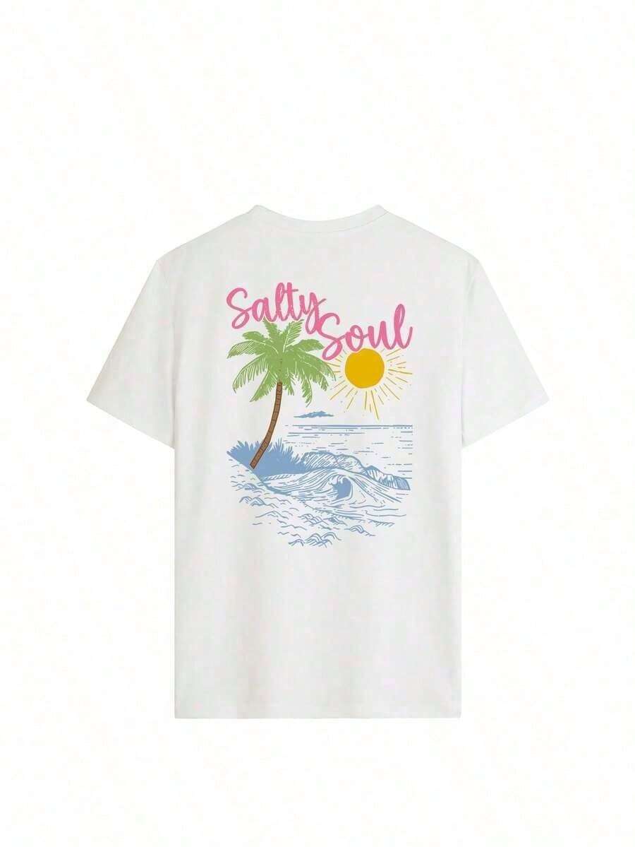 Camiseta de manga corta con cuello redondo y estampado de cocotero, nueva colección primavera/verano de SALTY SOUL, moda esencial  el día a día y las vacaciones, color blanco.