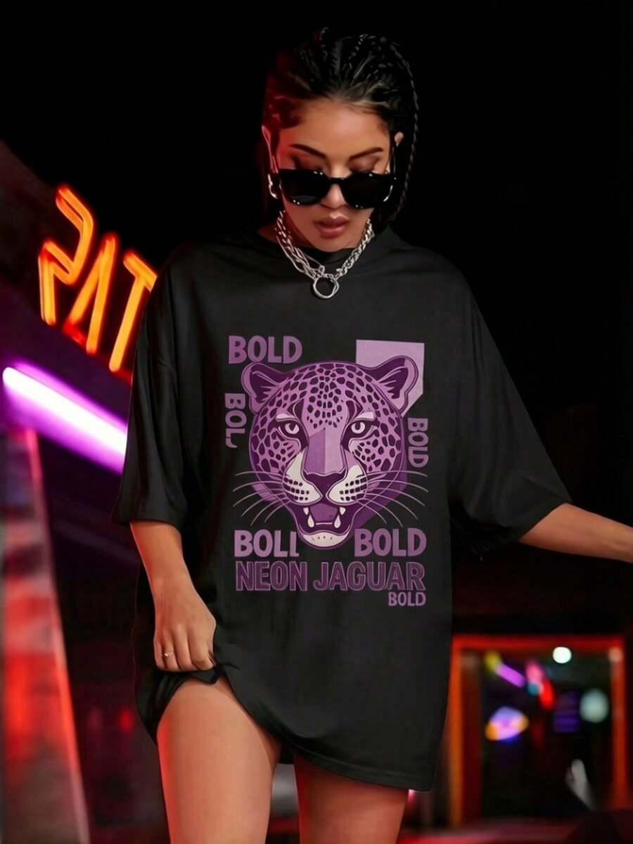 Camiseta Gráfica de Jaguar en Neón Intenso, 100% Algodón Premium, Impresión Serigrafiada Duradera, Estilo Vintage, Ropa Urbana, Corte Holgado, Unisex, Manga Corta, Tejido Transpirable, Tacto - Negro - Ver 1