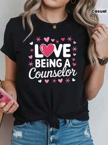 CasualCamiseta de Mujer con Temática de Asesora - Decoración con Lema de Corazón y Brillo, Manga Corta Casual, Rosa-Blanco, Estilo Profesional Suave para Uso Diario.Adecuada para primavera, - Negro - Ver 1