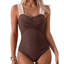 Traje de Baño Enterizo Bicolor Negro Beige, Tirantes Anchos en Contraste Crema, Fruncido Cruzado en Escote Corazón, Pliegues Laterales que Disimulan Panza para Playa y Piscina - Azul eléctrico - Ver 4