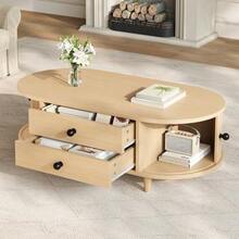Table basse ronde avec portes enroulables, table basse à 2 tiroirs, table d'appoint, table de salon en MDF, console avec pieds en bois massif, 100 * 50 * 36 cm, charge maximale 50 kg - Bois naturel - Voir 4