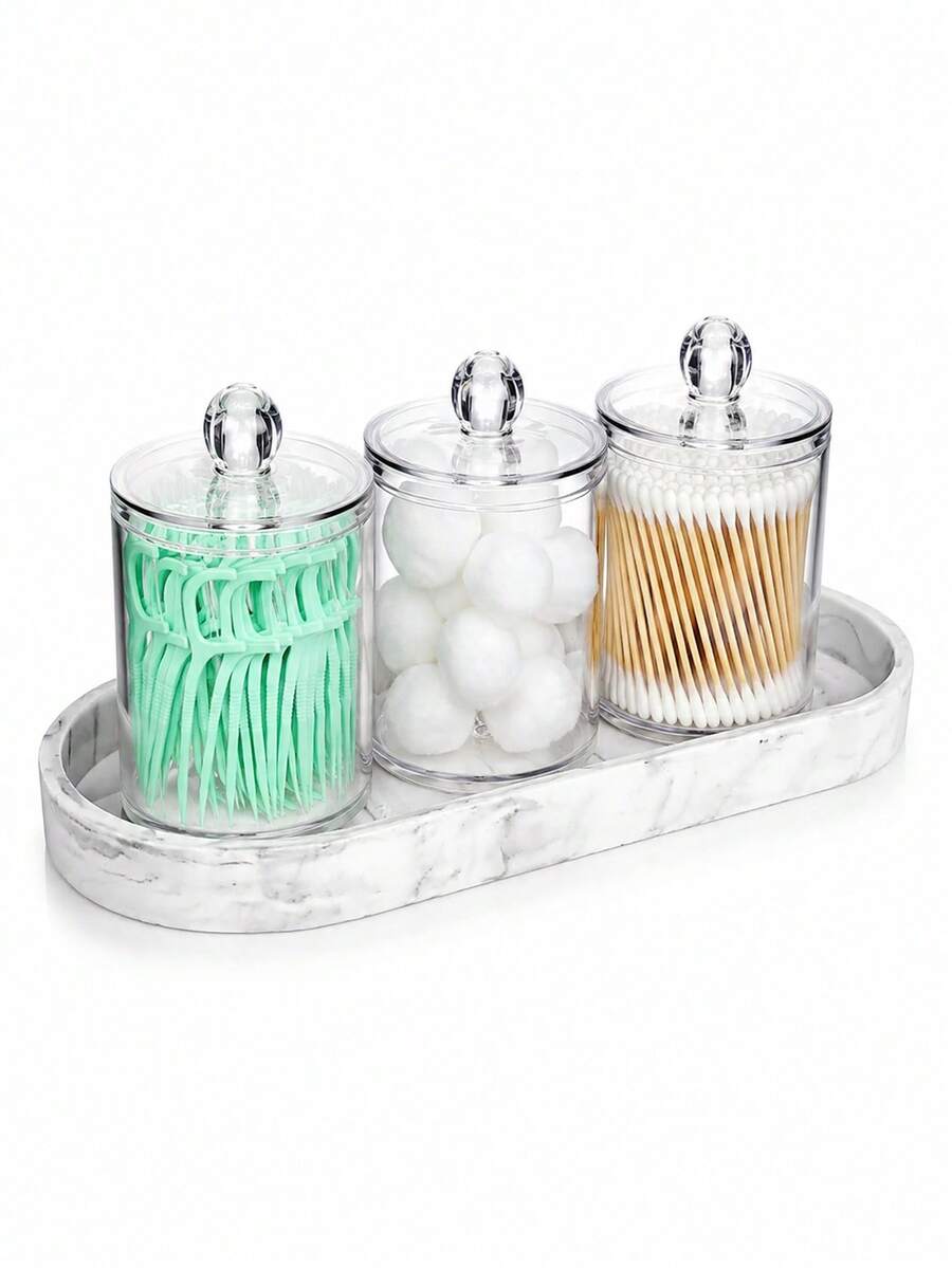 Bathroom Vanity Storage Box Set, Transparent Cotton Swab Storage Container Three Pieces Set With Marble Tray, Cotton Pad, Cotton Ball, And Toothpick Dispenser, Vanity Tabletop Storage Box, Cosmetic Storage Rack - Multicolor - View 1