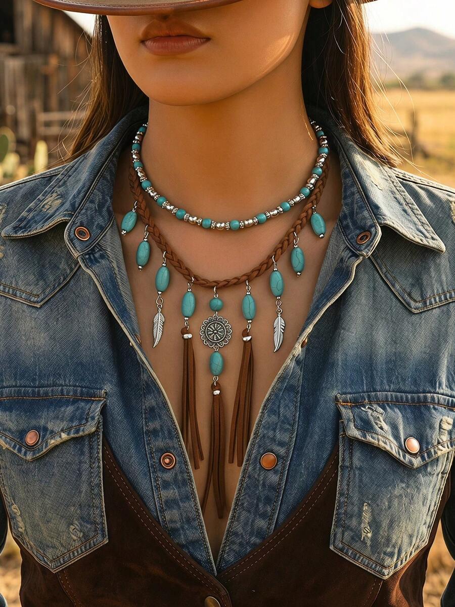 2pcs/Set Vintage Western Cowboy Style Versatile Turquoise Beaded Collarbone Chain Fashion Personalized Handmade Turquoise Tassel Necklace Women's Neck Jewelry Suitable For Daily Wear And Travel - Multicolor - View 1