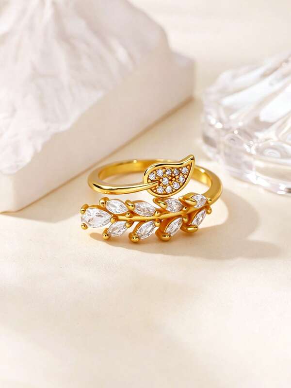 Zirconia Leaf Rings For Women 18K Gold Plated Geometric Leaf Ring Aesthetic Wedding Fashion Jewelry Gifts For All Occasions