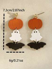 1 Pair Halloween Acrylic Engraved Pumpkin Earrings With Soft Clay-Like Texture Ghost & Bat Dangle Earrings For Kids - Multicolor - View 3