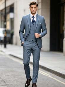 Men's Suits Gentleman Simple Slim Fit Single Breasted Business 3 Pieces Suit For Men Blazer Vest Pants Set Wedding Party Prom Old Money Style - Dusty Blue - View 2