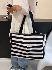 Bolso de lona de gran capacidad para mujer, bolso de hombro a rayas para ir al trabajo y hacer compras - Negro - Ver 2