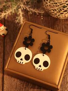 1 Pasang Anting Akrilik Panjang Berongga Motif Tengkorak Halloween dengan Jahitan Tangan dan Bunga - Beraneka warna - View 2