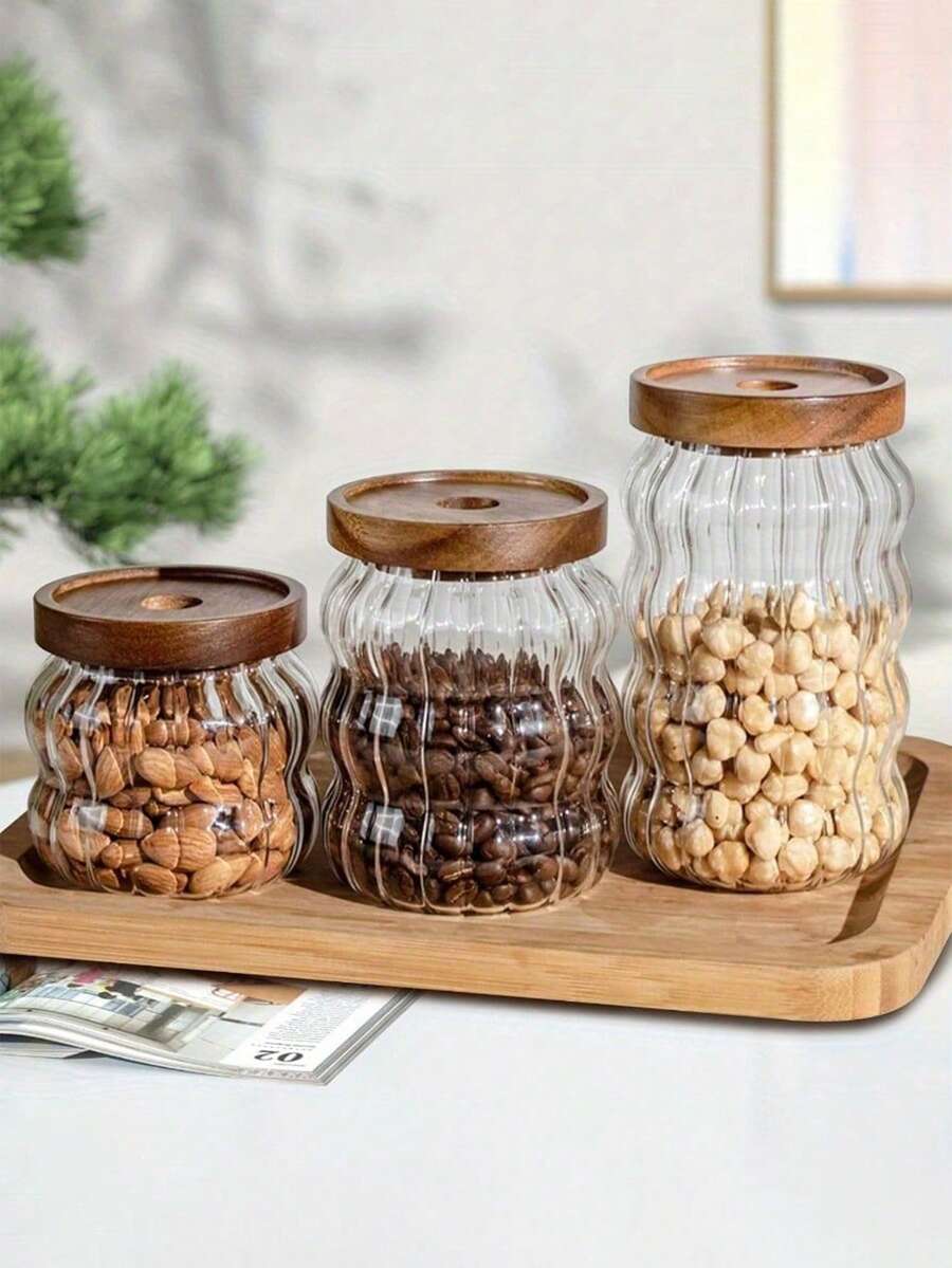 1pc Glass Storage Jar, For Grains, Sealed Jar With Hammered Acacia Wood Lid, Coffee Bean Storage Canister, Striped Storage Bottle - Multicolor - View 1