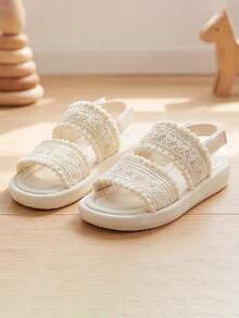 Girls Fashion Princess First Walker Sandals Open Toe Lace Hollow Out Non Slip Hook Loop Thick Soft Sole Slippers Pom Pom Summer - Beige - View 2