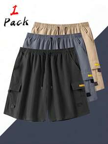 1pc Men's Summer Outdoor Solid Color Pocket Drawstring Waist Cargo Shorts Black Sports - Black - View 3