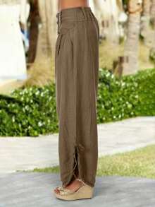 Women's Bohemian Casual Commute Solid Color Pocket Long Pants Spring Summer - Mocha Brown - View 2