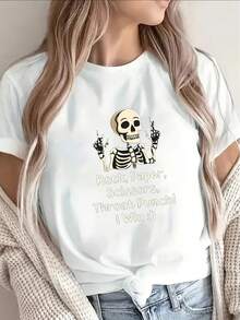 Camisa bohemia de manga corta 100% algodón con un divertido estampado de esqueleto y un diseño de cuello con motivos de piedras, papel y tijeras, ligera y duradera, adecuada para su uso. - Blanco - Ver 1