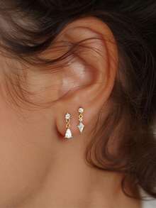 1pc S925 Sterling Silver Tassel Zirconia Geometric Stud Earrings, Fashionable Luxury French Design Women's Ear Jewelry - Geometry 6 - View 4