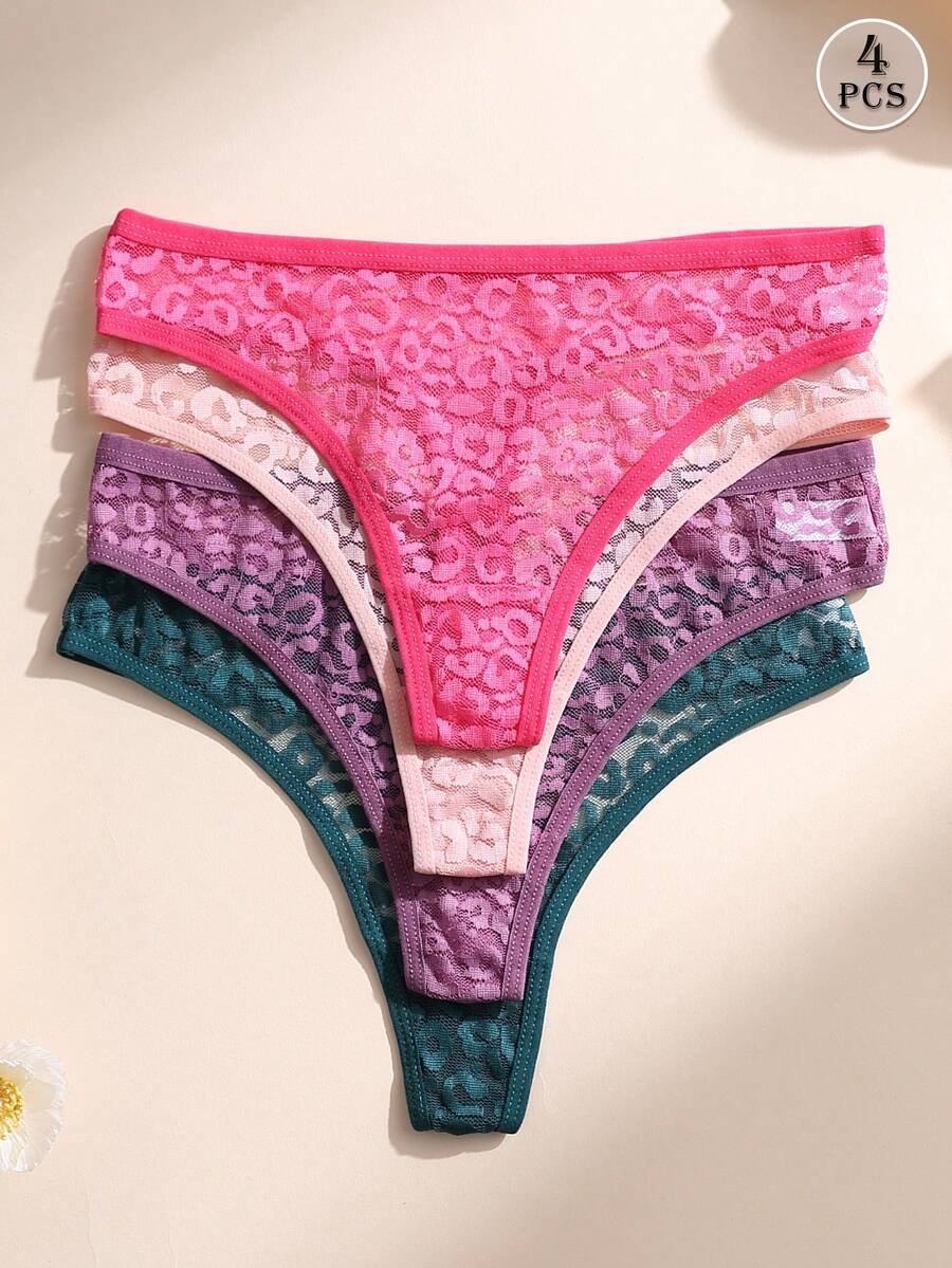 4件組女款性感蕾絲豹紋丁字褲，低腰無縫內褲