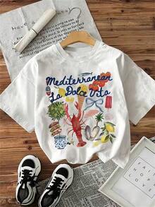 Comida de inspiración mediterránea: Langosta, limón, concha marina, helado, estampado de letras - Camiseta casual de manga corta con cuello redondo, ligera y transpirable, perfecta para prim - Blanco - Ver 1