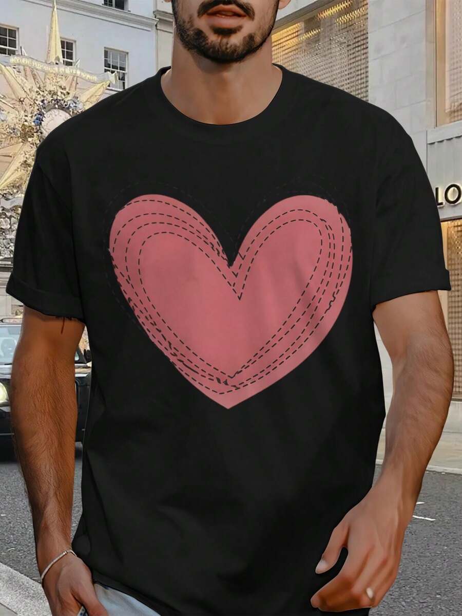 Corazón de Amor Lindo Cosido Gráfico de Corazón Rosa para camiseta de hombre - Negro - Ver 1