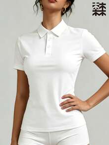 mulinsen 女款運動 Polo 衫 T-shirt，純色休閒薄款短袖上衣，輕量冰絲透氣翻領短袖，時尚鈕扣領設計，適合戶外休閒、女款高爾夫服飾、網球穿著、馬術騎乘上衣 - 月光白 - 查看 5