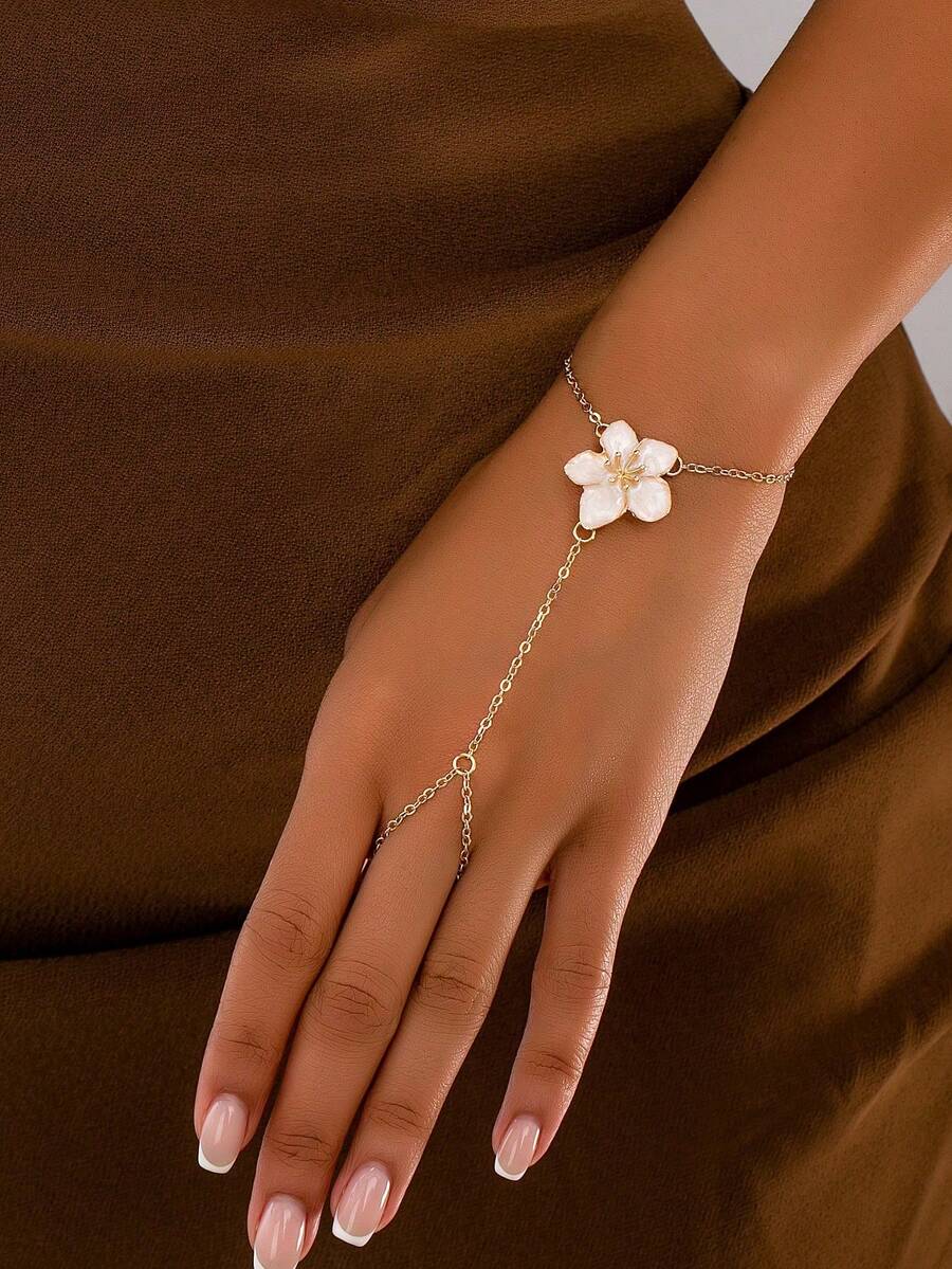 pieza de elegante cadena de dedo con flor plisada de metal, adecuada para fiestas y diversas ocasiones. - Blanco - Ver 1