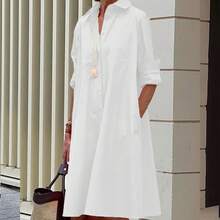 Simple Mid-Length Dress With Sleeves And A European And American Style Print. - 白色 - 查看 2