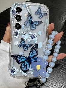 Creative Blue Flower & Butterfly With Beads Short Wrist Strap Wave Edge Protective Phone Case Compatible With Apple 7/8/X/XR/XSMAX/11/12/13/14/15/16/17Promax, A14/A15/A16/A17/A04/A05/A06/A07/A54/A55/A56/A57/A34/A35A/36/A37/S26/S26Plus/S26Ultra, Transsion SMART 7/8/9/10 - Clear - View 3