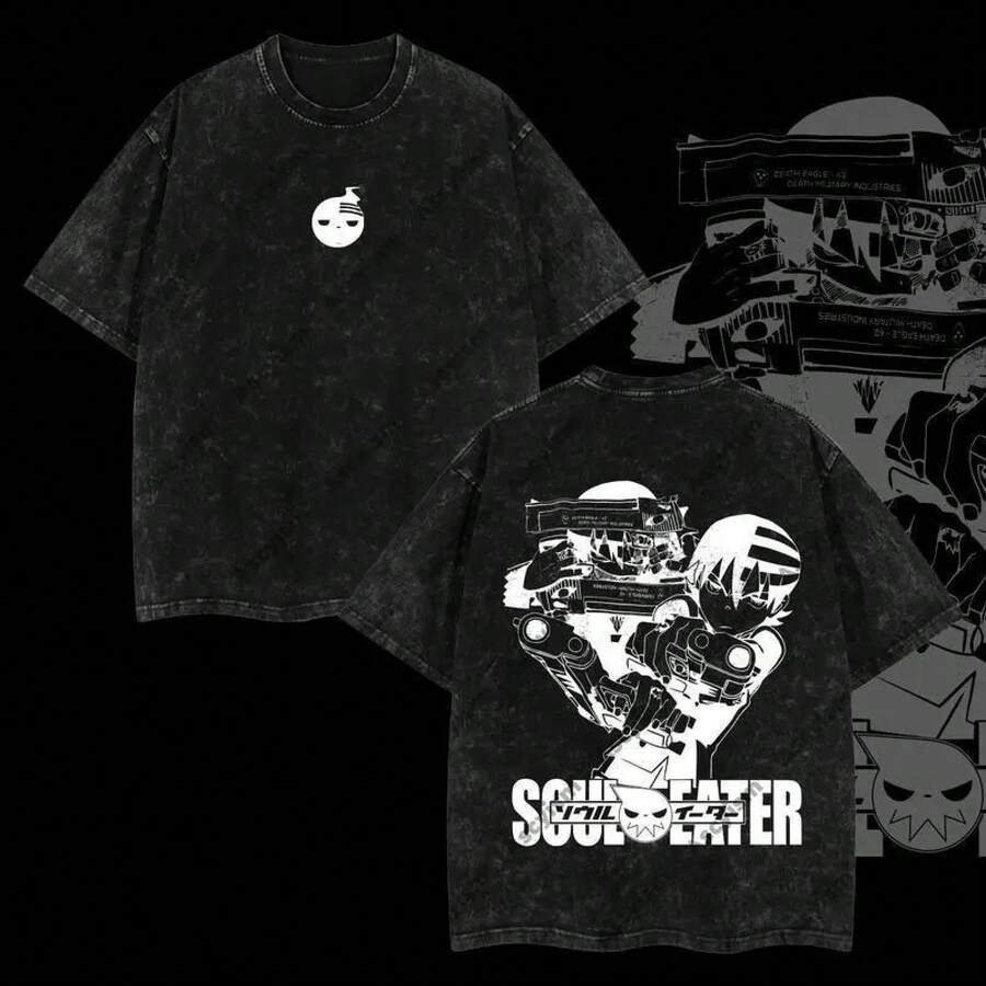 Camisetas de San Valentín Death The Kid Soul Eater Retro Vintage Unisex Oversize Anime Manga Lavado Ácido Algodón Grueso Camiseta Gráfica Ropa Casual Urbana Manga Corta Ideal para Regalo de - Negro - Ver 1