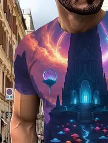 Camiseta de Manga Corta Oversize para Hombre - Escena de Ensueño de Otro Mundo con Flora Bioluminescente, Plataformas Flotantes y Efectos de Luz Etérea, Estampado de Alta Definición, Cuello - Negro - Ver 5