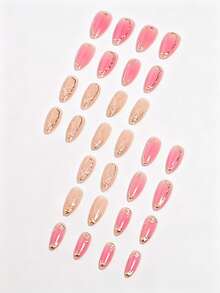 VV MEI JIA ER 30 pièces (S/M/SX) Ongles à presser avec décoration marbrée dégradée, design de vague d'eau avec lignes dorées faites à la main en 3D, faux ongles style Y2K frais et brillants à couverture complète, convient pour le port quotidien, ensemble d'ongles, autocollants d'ongles acryliques en forme d'amande pour femmes & filles - Multicolore - Voir 3