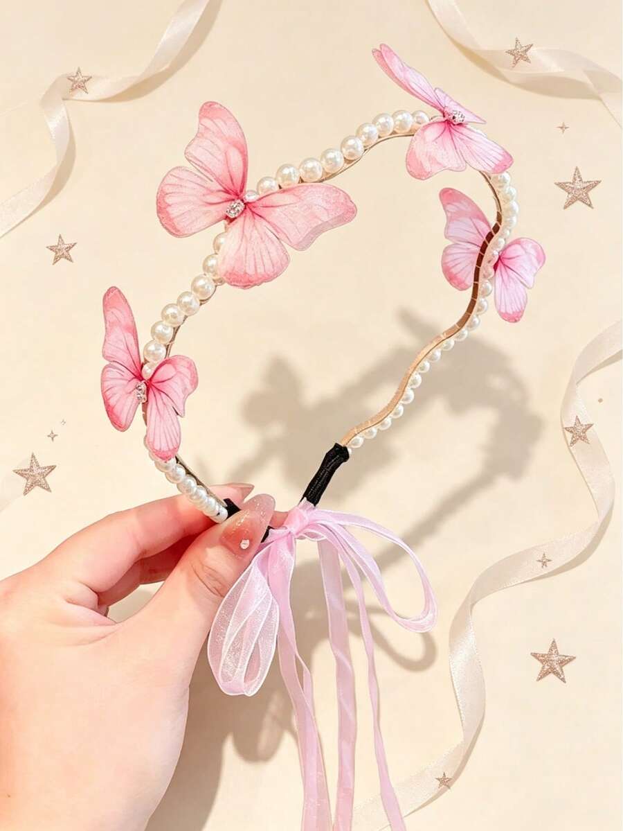 Diadema de mariposa degradada para niñas, accesorio para el cabello ajustable, adecuado para el uso diario y fiestas de adolescentes - Rosa - Ver 1