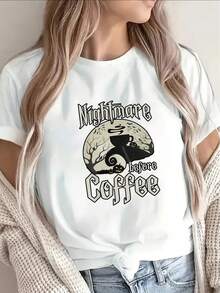 1 paquete de camisetas de manga corta, diseño Nightmare Before Coffee, ligeras y duraderas, adecuadas para uso casual en la cocina o la sala de estar, una opción ideal para amantes del café - Blanco - Ver 1